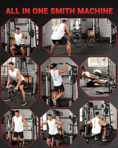 Smith Machine Home Gym All in One Squat Rack Power Cage with LAT Pull-Down and Cable Systems X5458