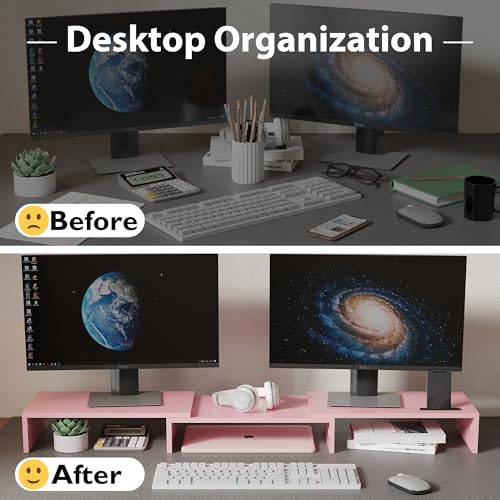 Dual Monitor Stand Riser with Smartphone Holder, Adjustable Wooden Desktop Organizer P70793