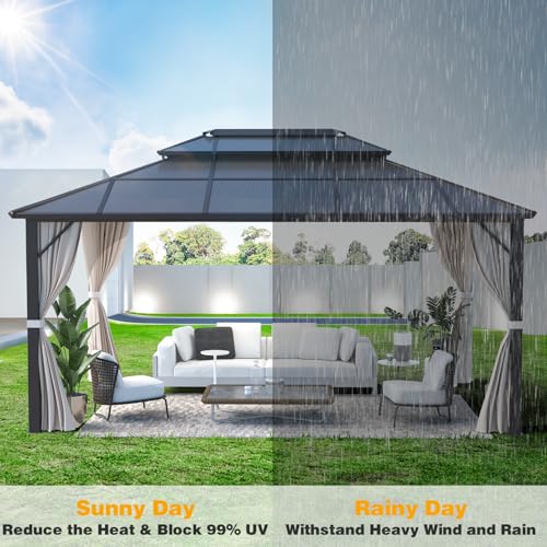10'x13' Hardtop Gazebo with Polycarbonate Double Roof, Aluminum Frame, Curtains and Netting N263