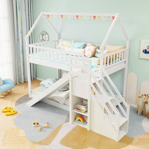 Twin Over Twin Bunk Bed with Slide and Stairs, Wood, White F9999