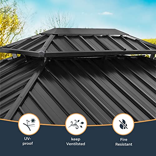 10 x 12 ft Hardtop Gazebo with Netting and Curtains, Double Roof Metal Canopy for Patio I7305