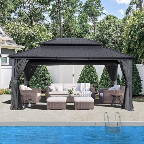 10 x 10 ft Hardtop Gazebo with Netting and Curtains, Galvanized Steel Roof for Patio and Garden X50618