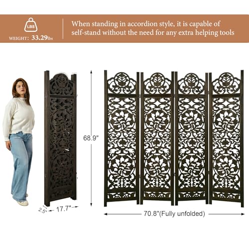 Wood Carved Room Divider 4 Panel Folding Screen Z937290