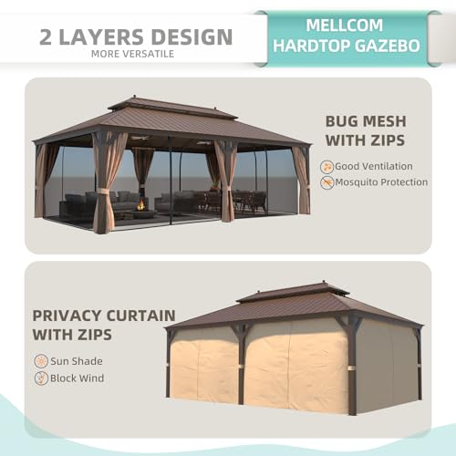 12x16 ft Hardtop Gazebo with Galvanized Steel Roof, Curtains and Netting V821