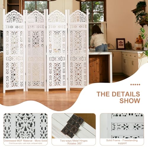 Wood Carved Room Divider 4 Panel Folding Screen Z937290
