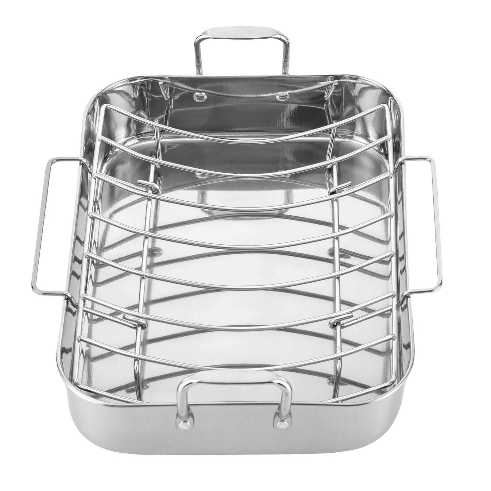 Miumaeov Stainless Steel Roasting Pan with Nonstick Rack Rectangular Roaster Baking Pan with Handle for Home Hotel Kitchen Party Silver 16.5" x 12"