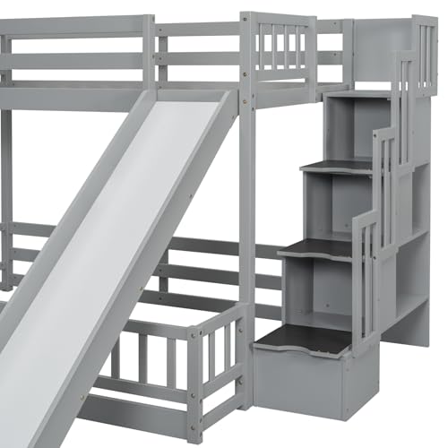 Twin Over Full Bunk Bed with Slide and Storage Stairs C57577