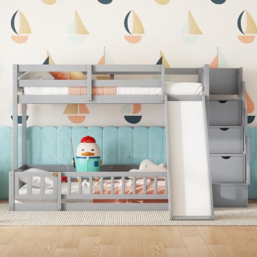Twin Over Full Bunk Bed with Slide and Storage Stairs C57577