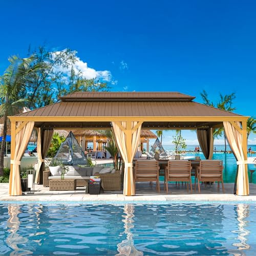 12x16 ft Hardtop Gazebo with Galvanized Steel Roof, Curtains and Netting V821