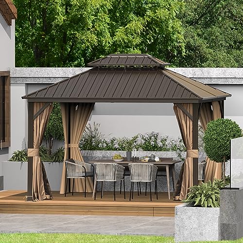 10 x 10 ft Hardtop Gazebo with Netting and Curtains, Galvanized Steel Roof for Patio and Garden X50618
