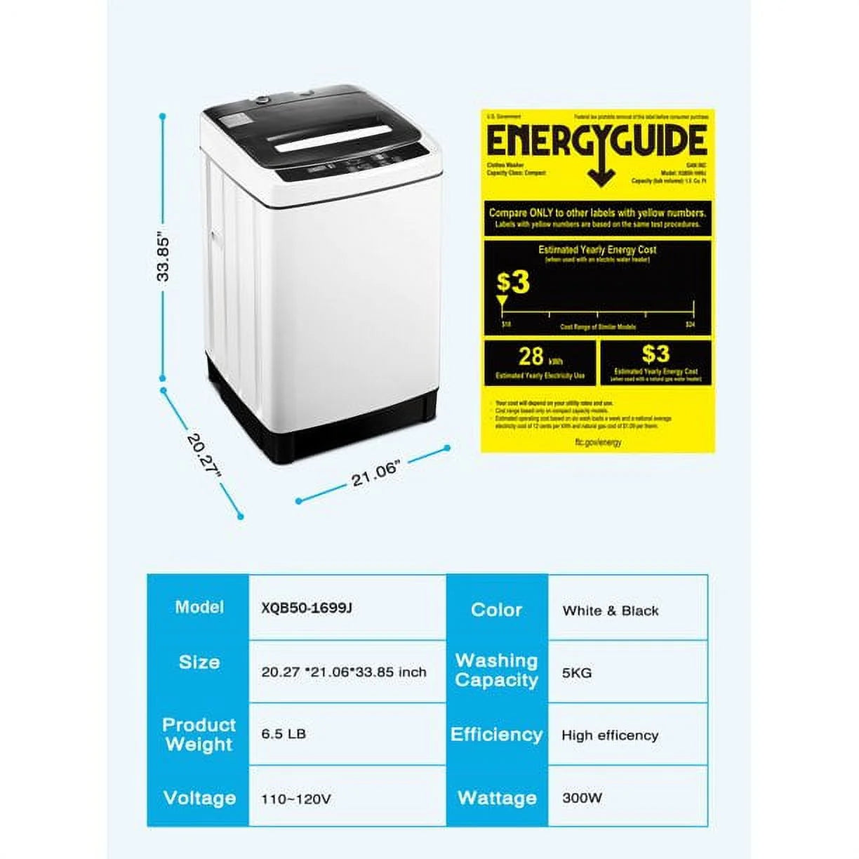 Portable Washing Machine, Compact Washer with Drain Pump, 11lbs Capacity V103554