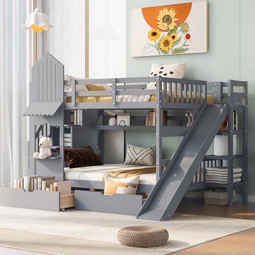 Kids Bunk Bed with Stairs and Slide, Twin Over Twin, Gray E77813