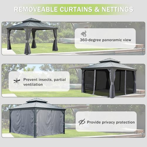 10 x 10 ft Hardtop Gazebo with Netting and Curtains, Galvanized Steel Roof for Patio and Garden X50618