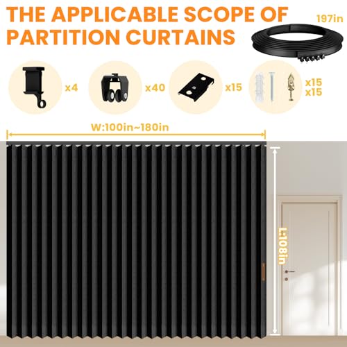 Accordion Room Divider Curtains with Ceiling Track, Grey, W100 x L84 J296
