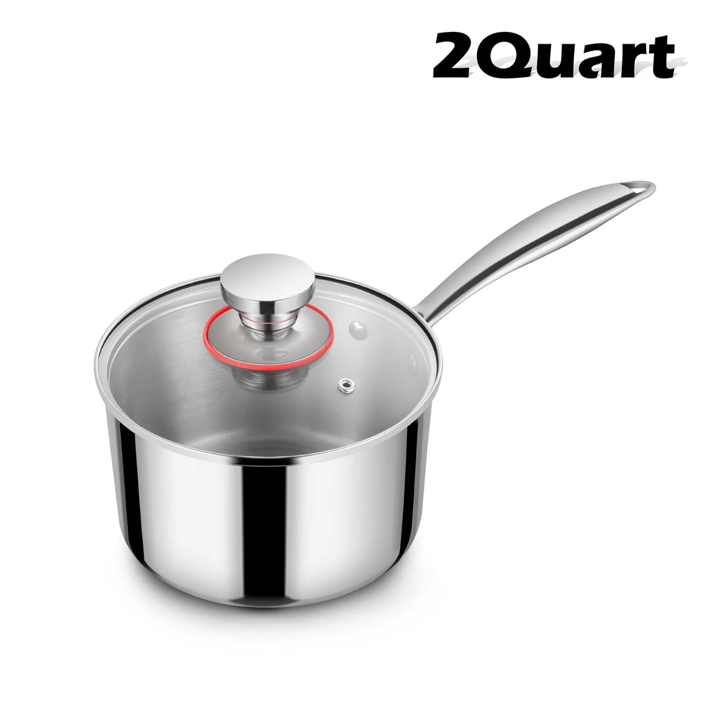 Walchoice 2 Quart Saucepan with Glass Lid, Tri-Ply Stainless Steel Milk Pan, Metal Induction Cookware for Soup Pasta
