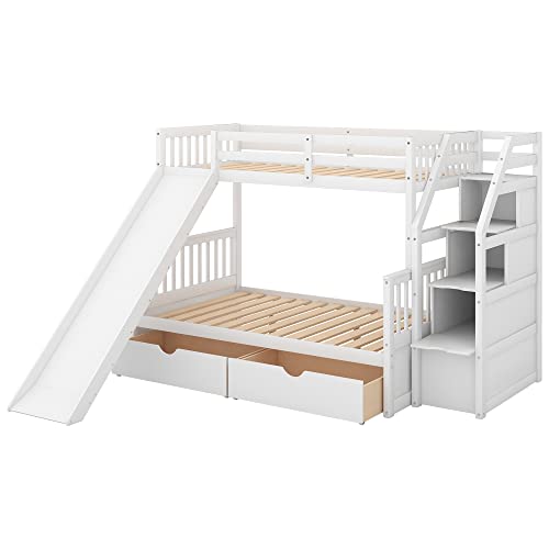 Twin Over Full Bunk Bed with Slide and Stairs for Kids E212