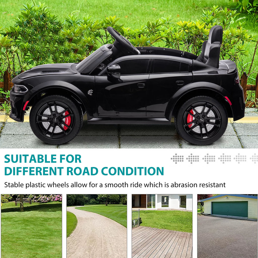 12V Black Dodge Charger Ride On Car with Remote Control, Kids Electric Toy with Bluetooth, LED Light, 4 Wheel Suspension B4884