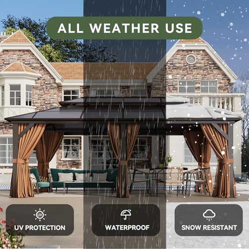 12x16 Hardtop Gazebo with Netting and Curtains, Aluminum Frame, Polycarbonate Roof N71921