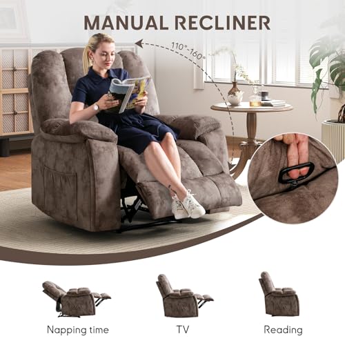 Manual Recliner Chair for Adults with Massage and Heat, Fabric, Brown C9569