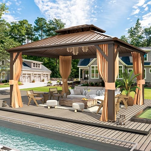10'x13' Hardtop Gazebo with Polycarbonate Double Roof, Aluminum Frame, Curtains and Netting N263