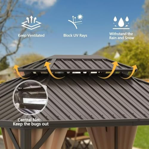 10 x 10 ft Hardtop Gazebo with Netting and Curtains, Galvanized Steel Roof for Patio and Garden X50618
