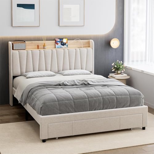 Queen Size Bed Frame with Storage Headboard and Drawers H139426
