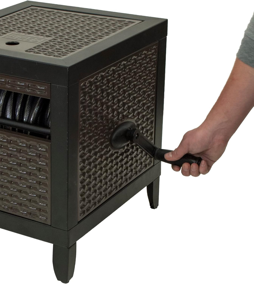 Hose Reel Cabinet Box, 100 Ft Capacity, Wicker Look, Auto Track Rewinding, Black Metal N2738
