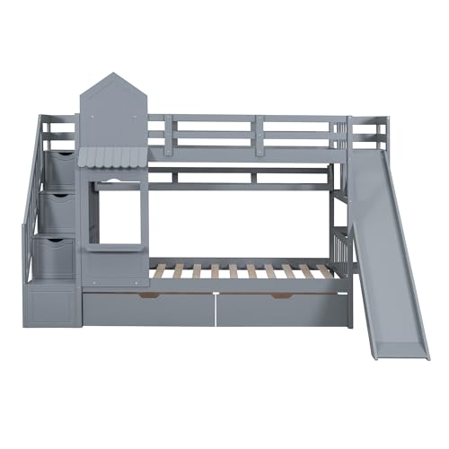 Kids Bunk Bed with Stairs and Slide, Twin Over Twin, Gray E77813