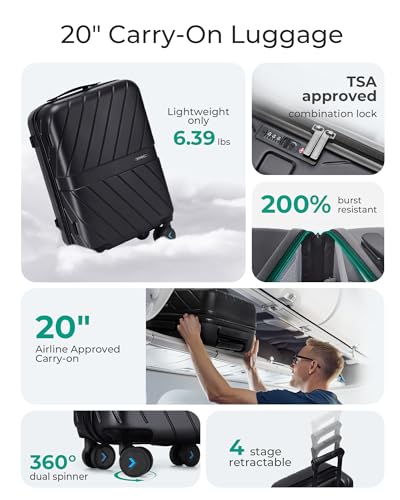 Carry On Luggage 22x14x9 with TSA Lock, Hardside Spinner Suitcase 20 inch Black P3277