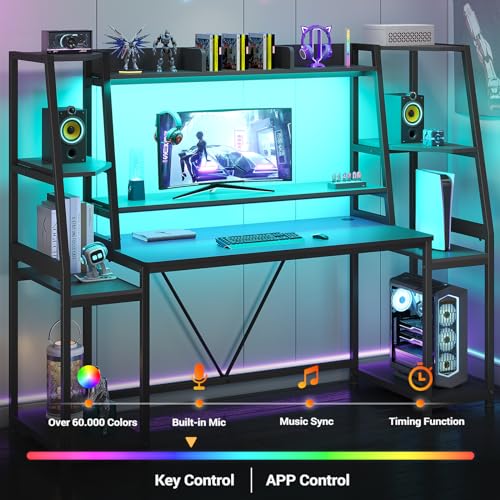 Gaming Desk with LED Lights, Hutch and Storage Shelves, Black R364
