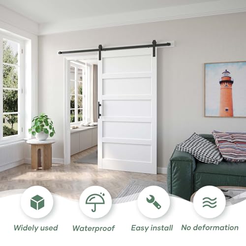 White Barn Door with Sliding Hardware Kit, 7FT, 5-Panel K864232