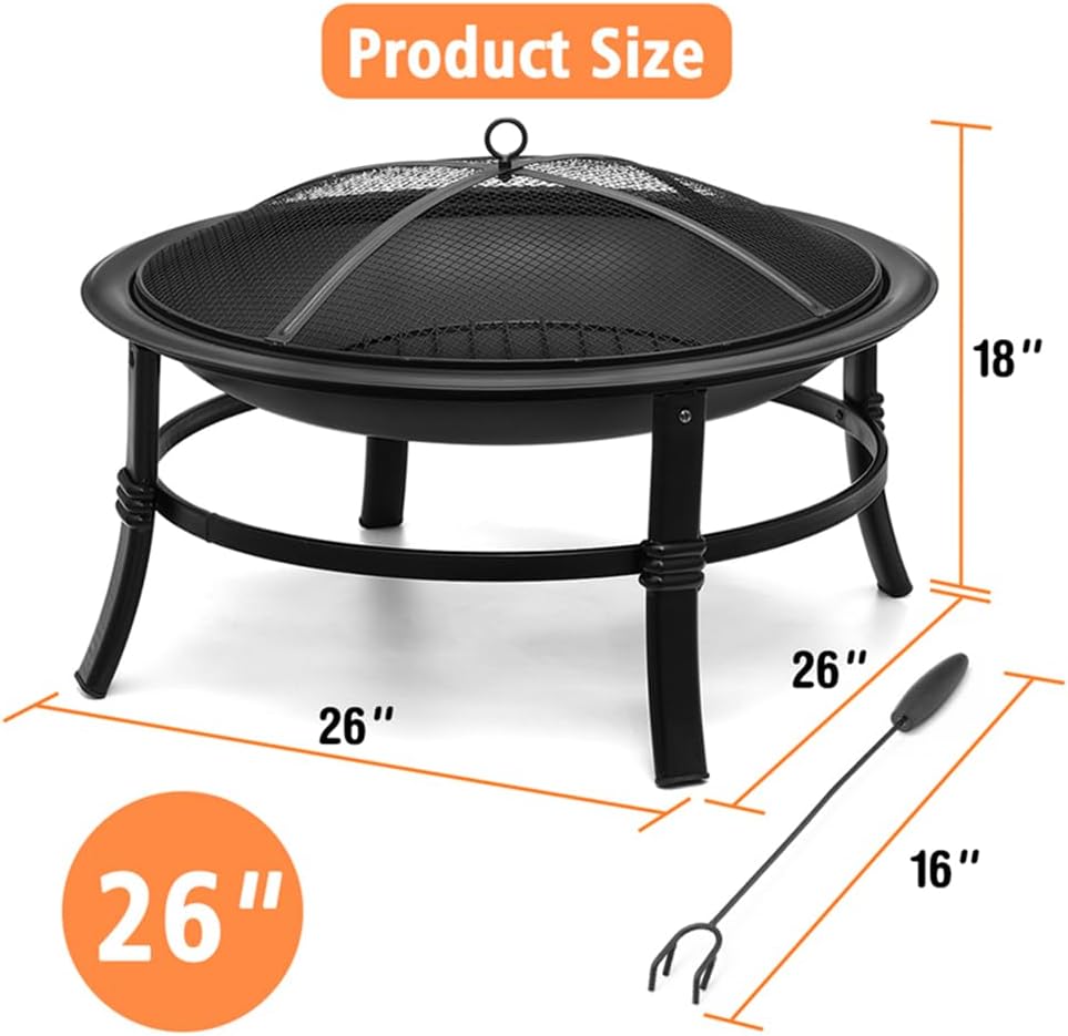 26 inch Outdoor Wood Burning Fire Pit with Spark Screen and Log Grate R5966