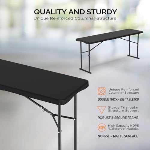 6 FT Narrow Folding Table, HDPE Tabletop with Metal Frame, White K503