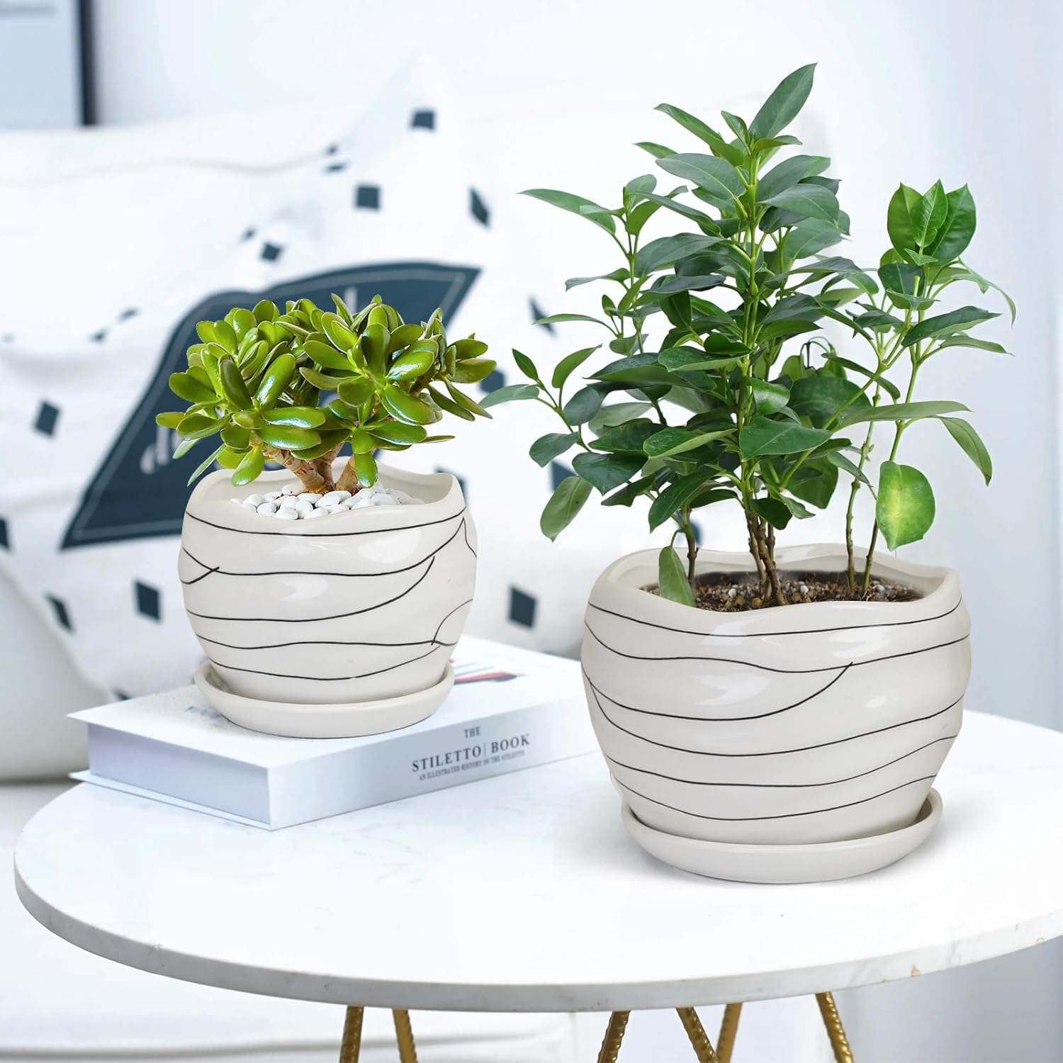 Ceramic Planter Set, 3 Sizes, Indoor Outdoor with Drainage Hole and Saucer T419377