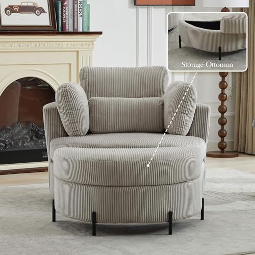 Oversized Swivel Barrel Chair with Ottoman, Chenille, Beige X252712