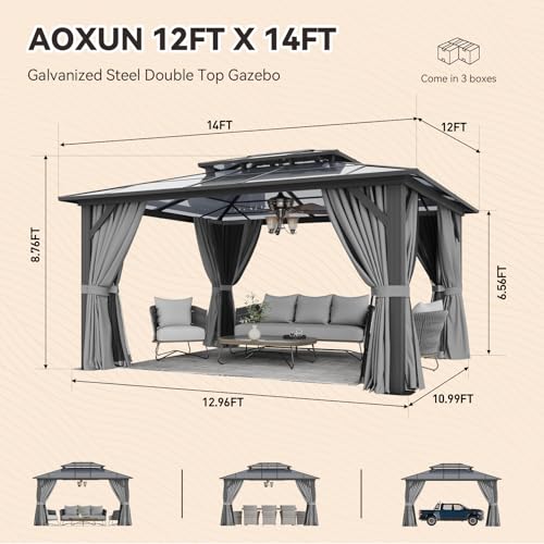 12x16 Hardtop Gazebo with Netting and Curtains, Aluminum Frame, Polycarbonate Roof N71921