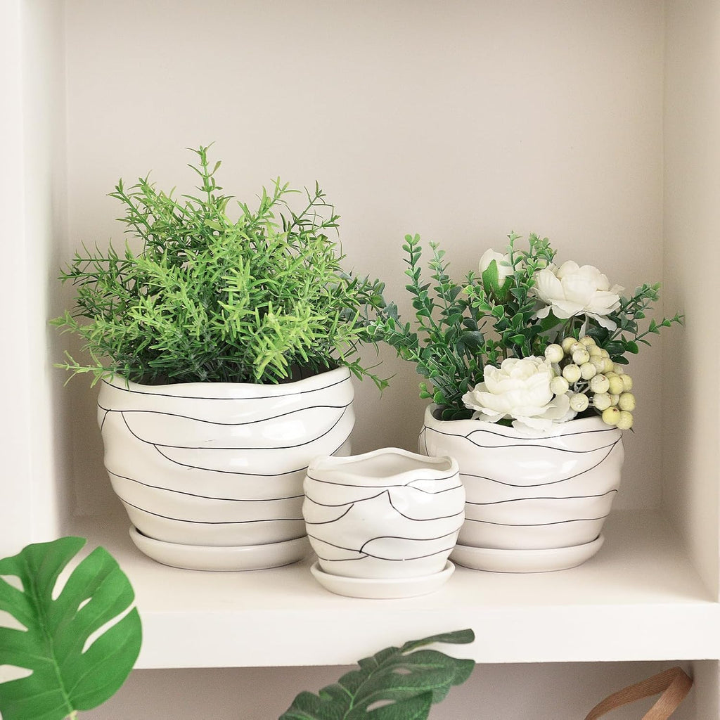 Ceramic Planter Set, 3 Sizes, Indoor Outdoor with Drainage Hole and Saucer T419377