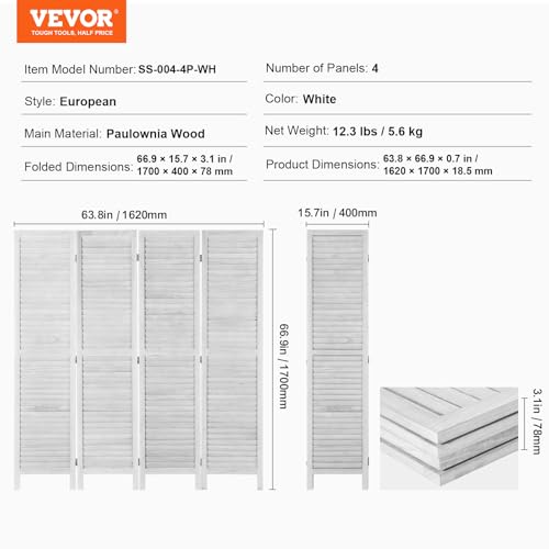 Wood Room Divider, 4 Panel Folding Privacy Screen, 66.9 Inches Tall, Indoor Wooden Partition A907