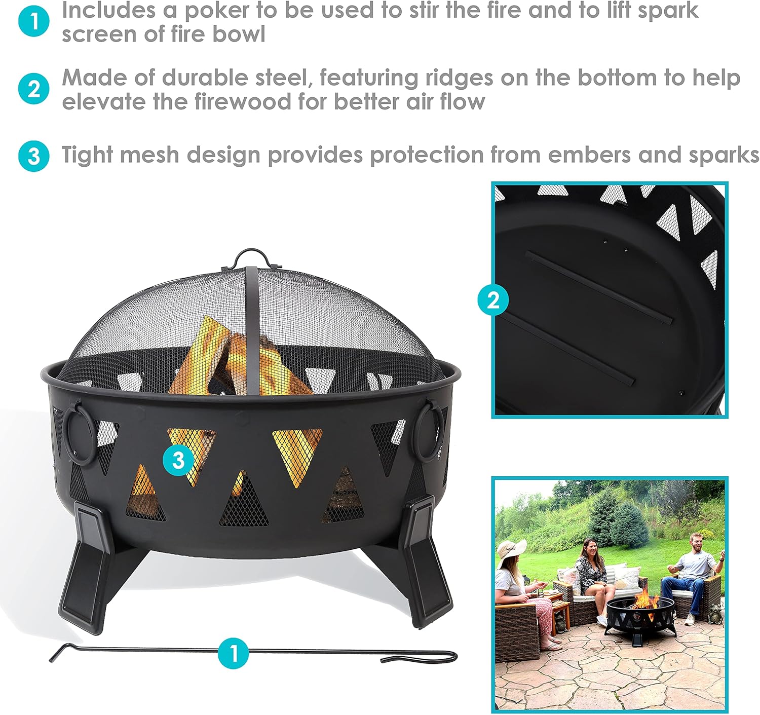 25-Inch Steel Wood-Burning Fire Pit with Poker and Spark Screen L942592