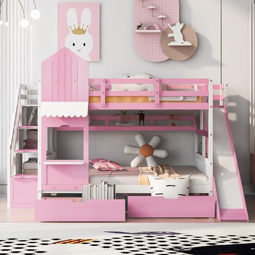 Kids Bunk Bed with Stairs and Slide, Twin Over Twin, Gray E77813