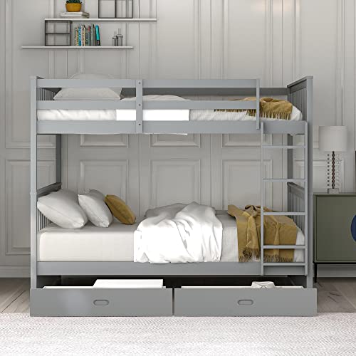 Twin Over Full Bunk Bed with Slide and Stairs for Kids E212