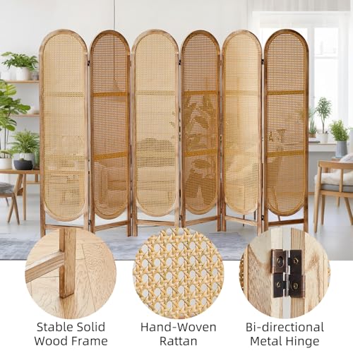 Foldable Wooden Room Divider with Hand-Woven Rattan Panels X6131
