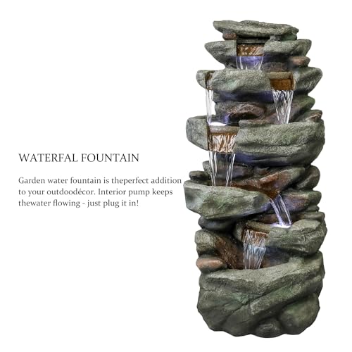 40" High 6-Tier Cascading Rock Outdoor Water Fountain with LED Lights for Garden Patio Yard Decor P631596