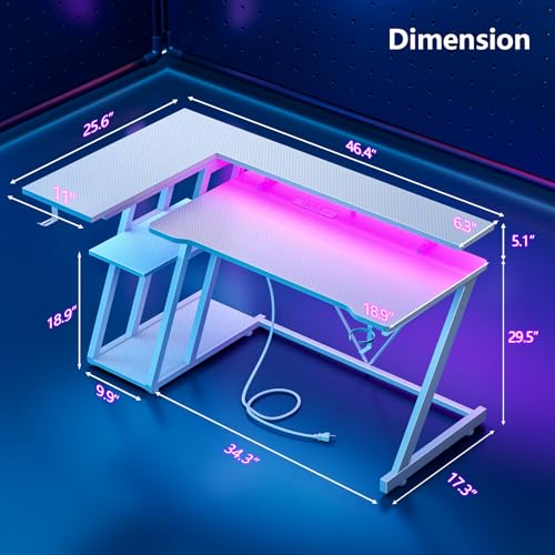 L Shaped Gaming Desk with Power Outlet and LED Lights T64283
