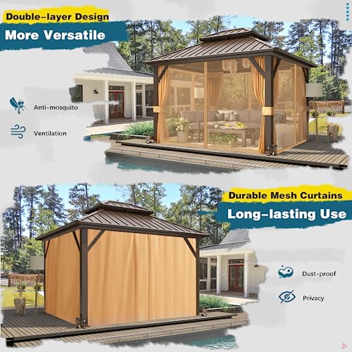 10'x13' Hardtop Gazebo with Polycarbonate Double Roof, Aluminum Frame, Curtains and Netting N263