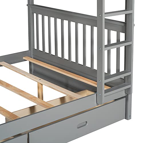 Twin Over Full Bunk Bed with Slide and Stairs for Kids E212