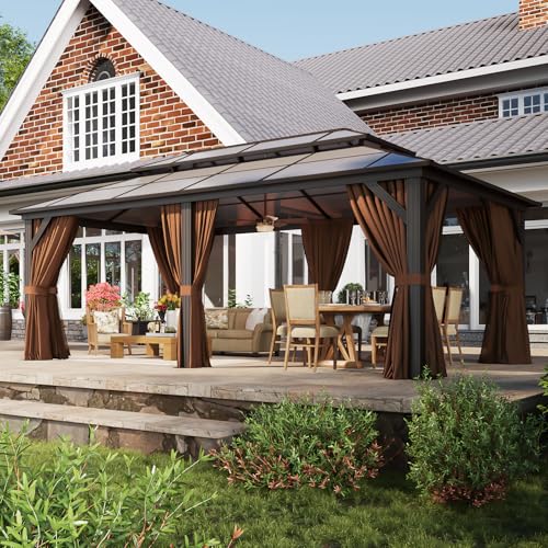 12x16 Hardtop Gazebo with Netting and Curtains, Aluminum Frame, Polycarbonate Roof N71921