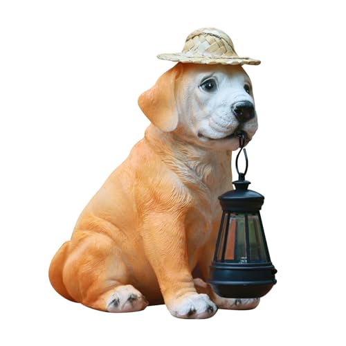 Dog Statue Outdoor Garden Decor with Straw Hat and Solar Lantern W89007