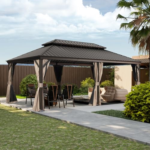 10 x 10 ft Hardtop Gazebo with Netting and Curtains, Galvanized Steel Roof for Patio and Garden X50618