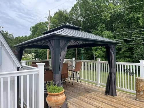 10 x 10 ft Hardtop Gazebo with Netting and Curtains, Galvanized Steel Roof for Patio and Garden X50618